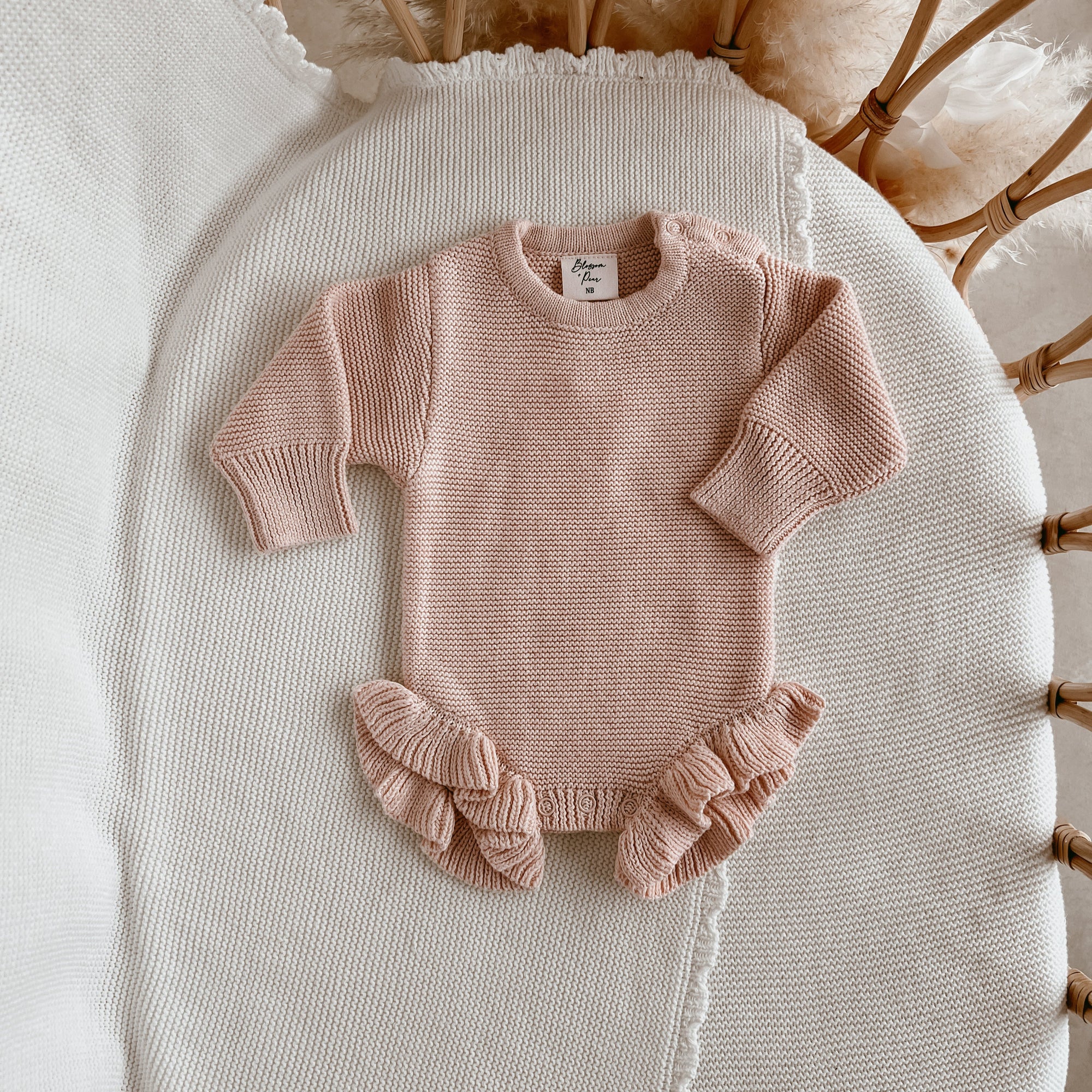 Long Sleeve Frill Leg Knit Romper - Pink Lemonade