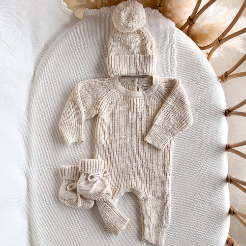 Frankie Classic Knit Romper & Beanie Bundle - Honey