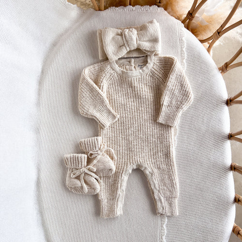 Frankie Classic Knit Romper & Topknot Bundle - Honey