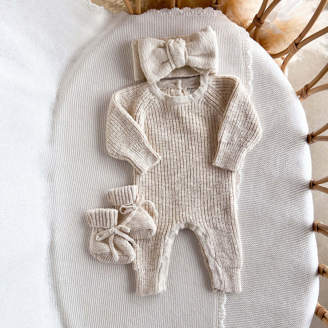 Frankie Classic Knit Romper & Topknot Bundle - Honey