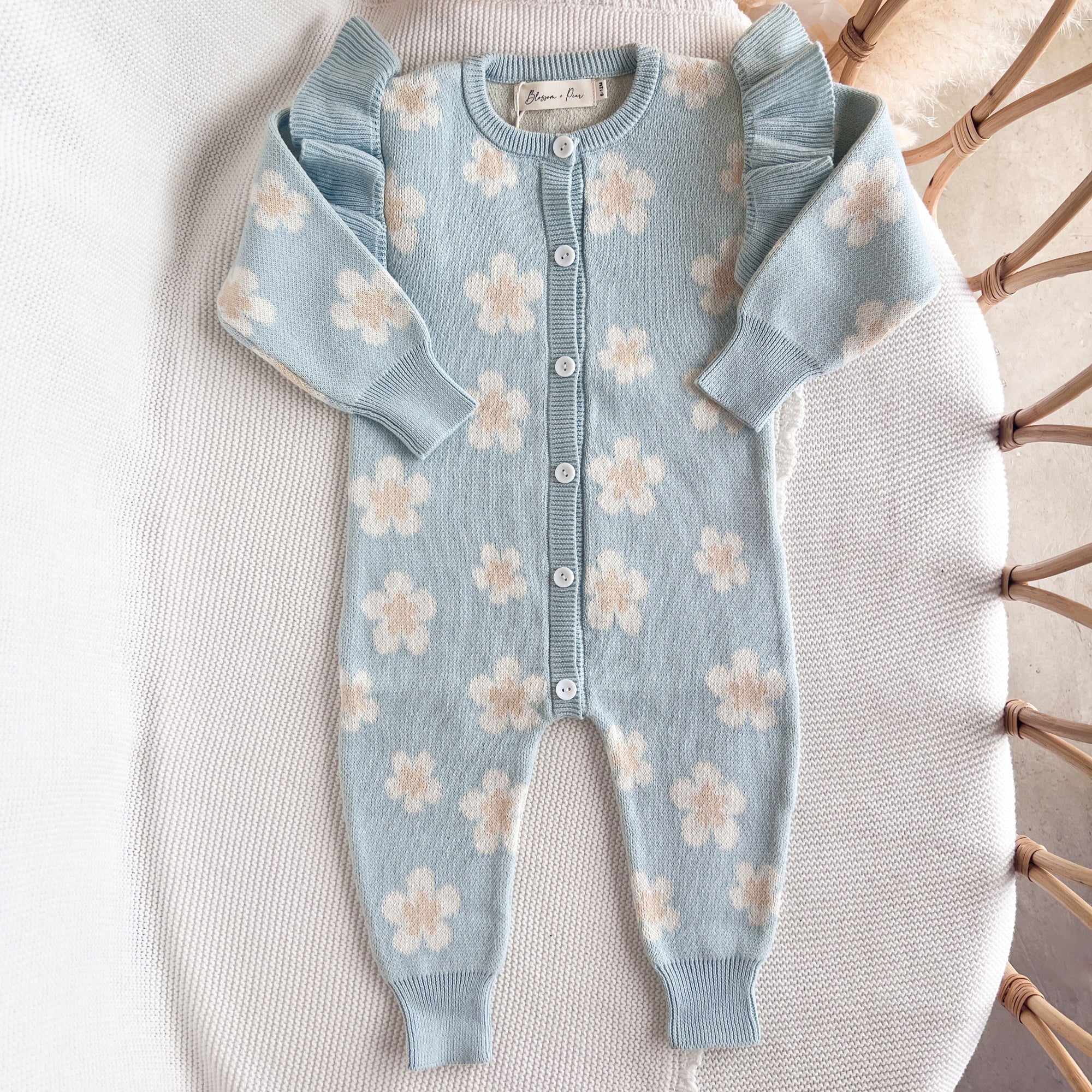 Blue Daisy Long Sleeve Knit Romper