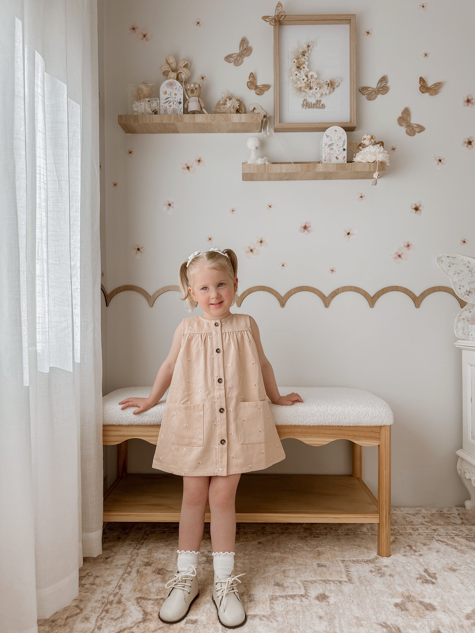 Denim Pinafore Dress - Pink Daisy