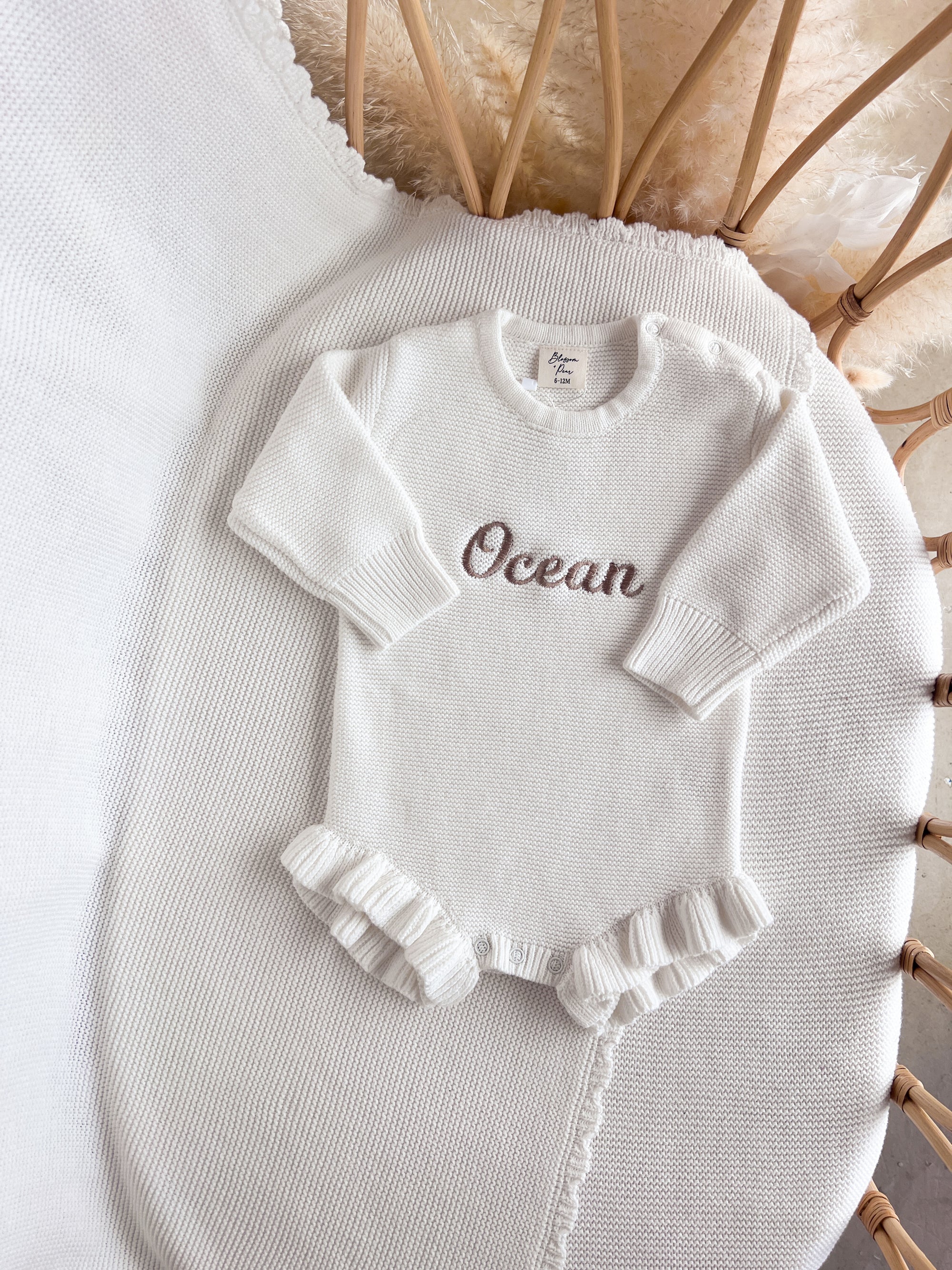 Long Sleeve Frill Leg Knit Romper - Milk