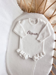 Long Sleeve Frill Leg Knit Romper - Milk