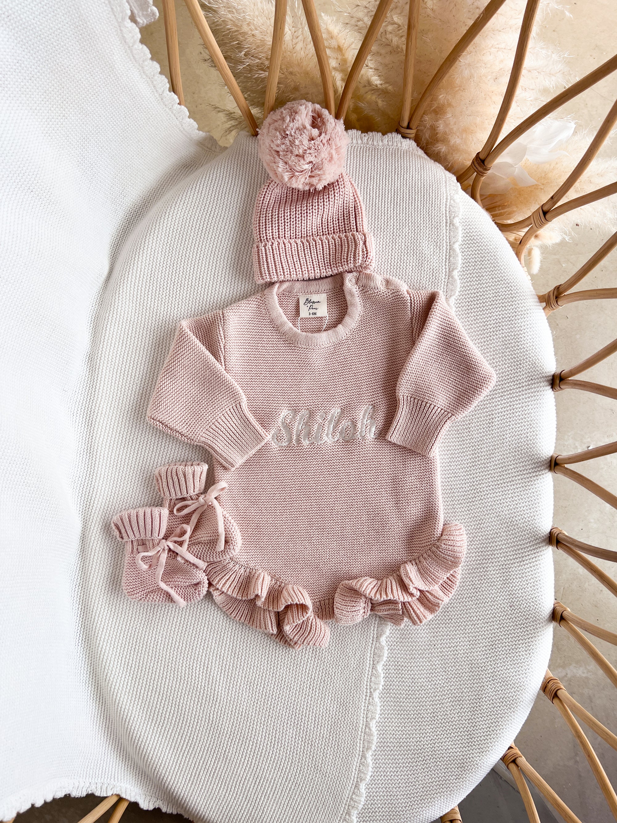Long Sleeve Frill Leg Knit Romper - Pink Lemonade