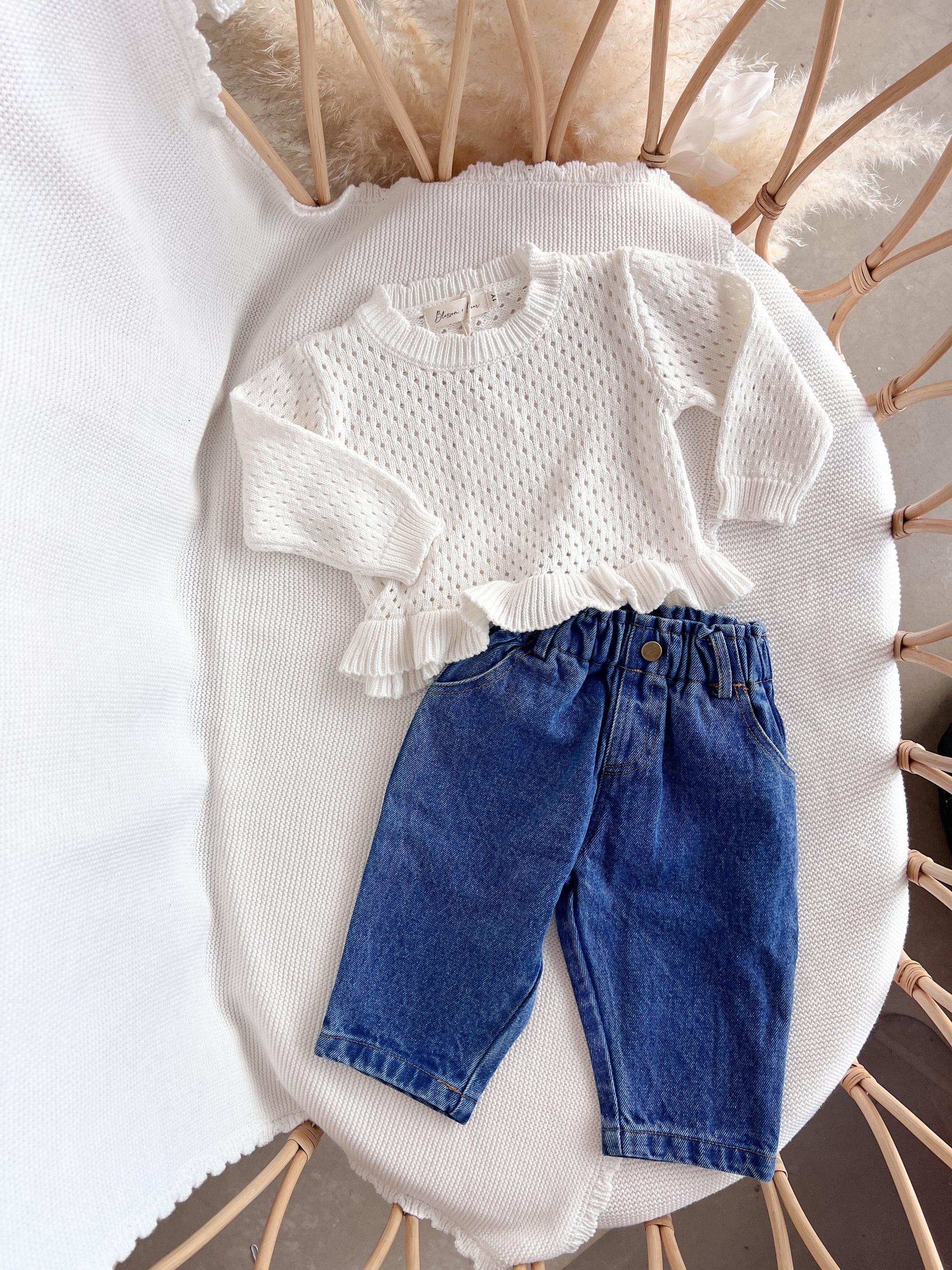 Crochet Long Sleeve Frill Top - Milk