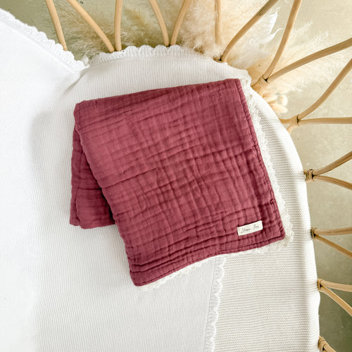 Heritage Muslin Blanket - Burgundy with Lace Trim