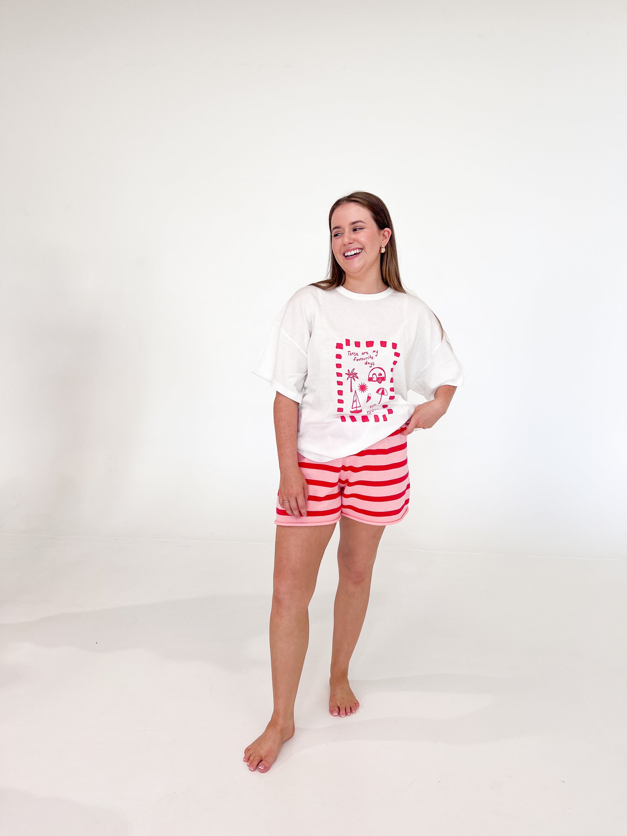 Ladies Knit Stripe Shorts - Pink &amp; Red