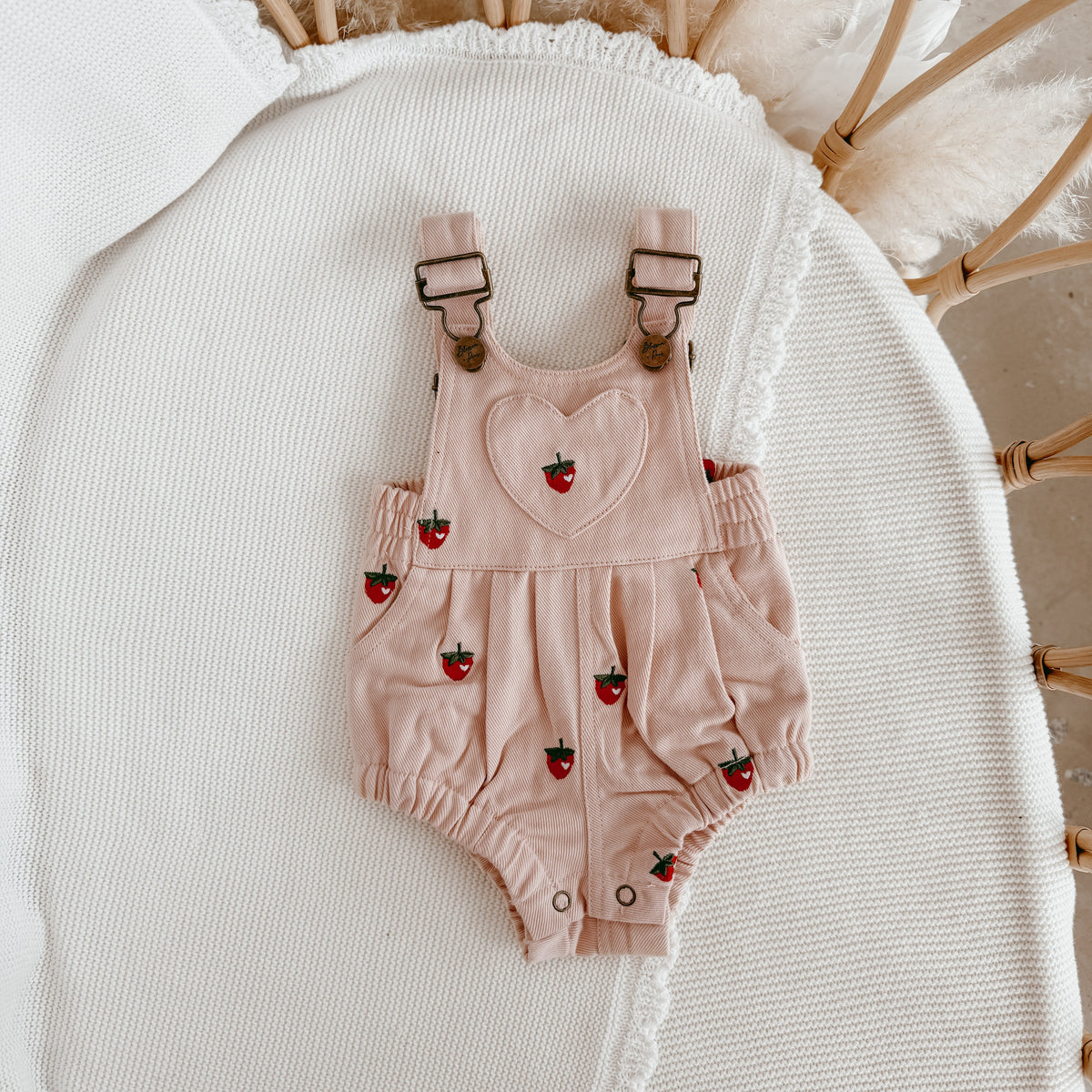 Denim Overall Romper - Strawberry Dreams