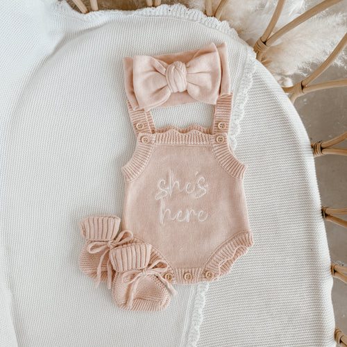 'She's Here' Singlet Romper & Topknot Bundle - Pink Lemonade