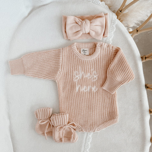 'She's Here' Long Sleeve Romper & Topknot Bundle - Pink Lemonade