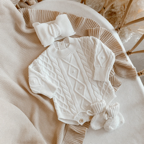 Cable Knit Romper & Topknot Bundle - Milk