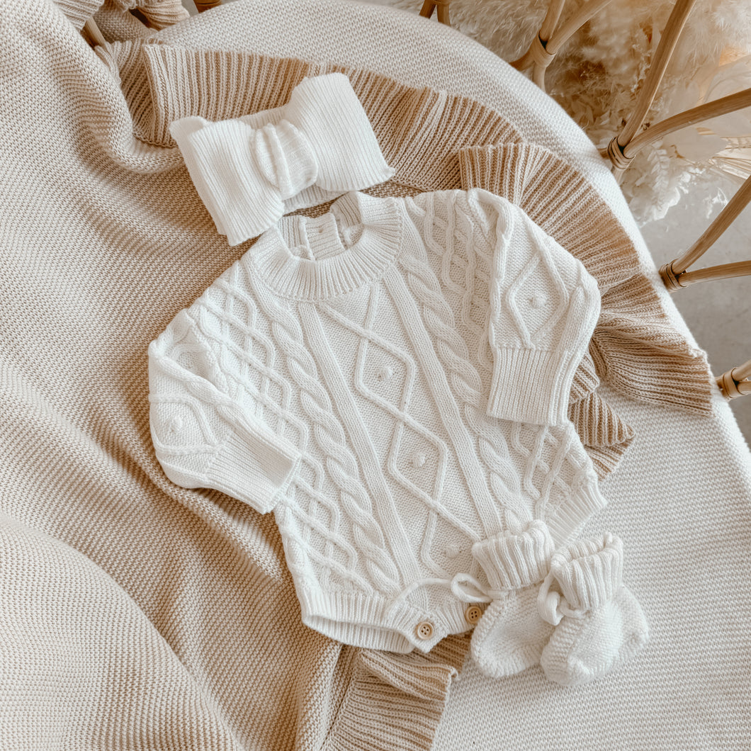 Cable Knit Romper & Topknot Bundle - Milk