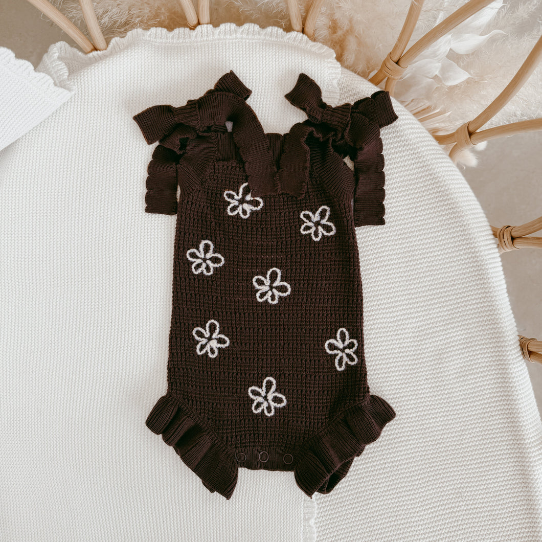 Singlet Daisy Frill Knit Romper - Espresso