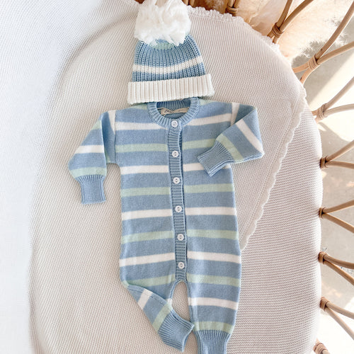 Mint Sherbet Long Sleeve Knit Romper & Beanie Bundle