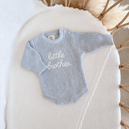 'Little Brother' Long Sleeve Knit Romper - Powder Blue