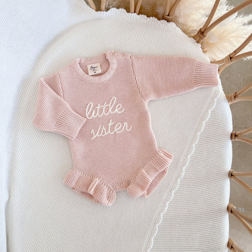 'Little Sister' Long Sleeve Frill Leg Knit Romper - Pink Lemonade