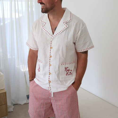 Men's Embroidered Christmas Button Down - Red