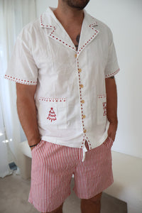 Men's Embroidered Christmas Button Down - Red
