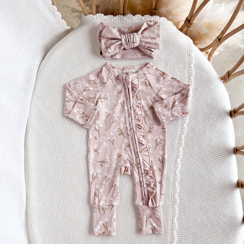 Long Sleeve Bamboo Growsuit & Topknot Bundle - Blushing Blooms - PRE ORDER Est. dispatch date Early May