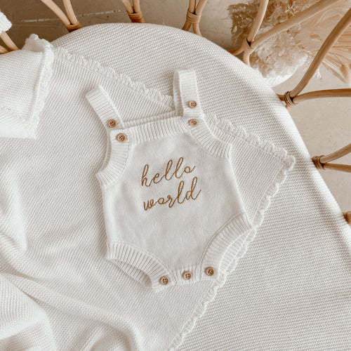 'Hello World' Singlet Mini Knit Romper - Milk