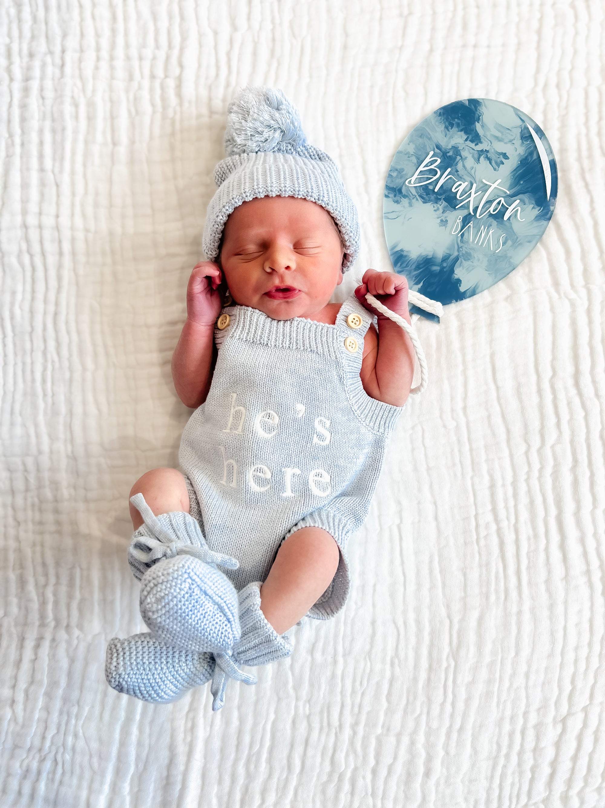 'He's Here' Singlet Mini Knit Romper - Powder Blue