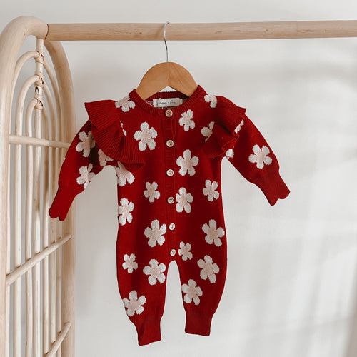 Red Posy Long Sleeve Knit Romper