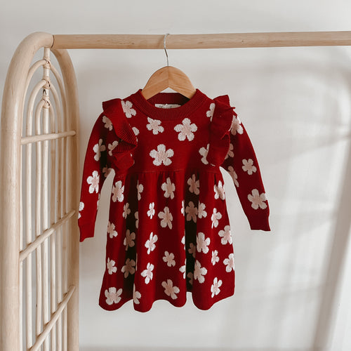 Red Posy Long Sleeve Knit Dress