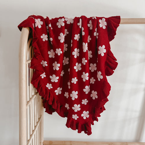 Heirloom Poppy Frill Knit Blanket - Red Posy