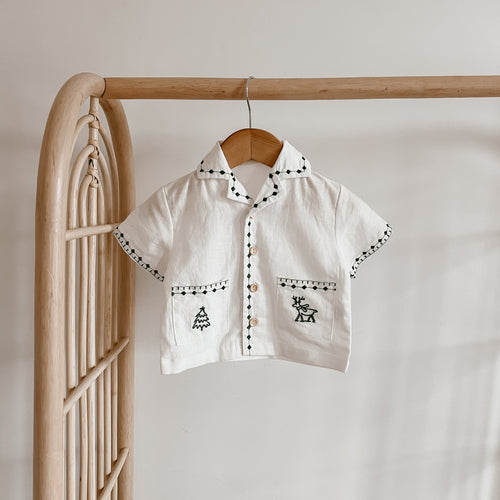 Kid's Embroidered Christmas Button Down - Green