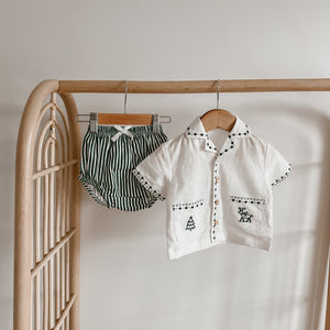 Kid's Embroidered Christmas Button Down - Green