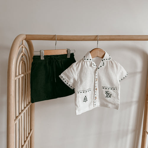 Kid's Embroidered Christmas Button Down & Corduroy Shorts Bundle - Green