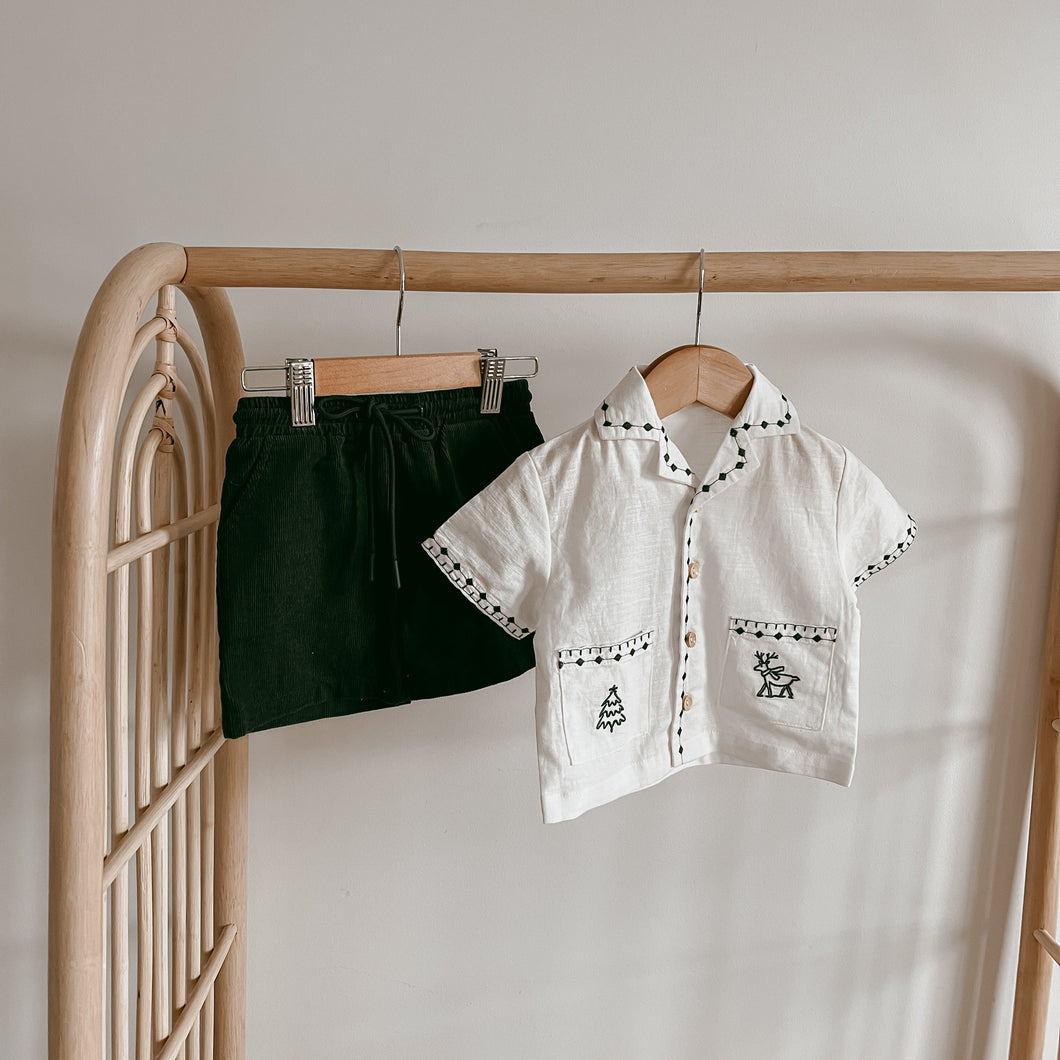 Kid's Embroidered Christmas Button Down & Corduroy Shorts Bundle - Green