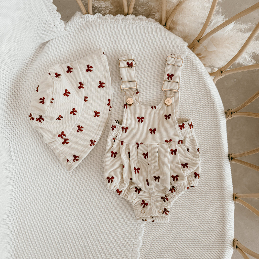 Corduroy Overalls & Bucket Hat Bundle - Red Bow