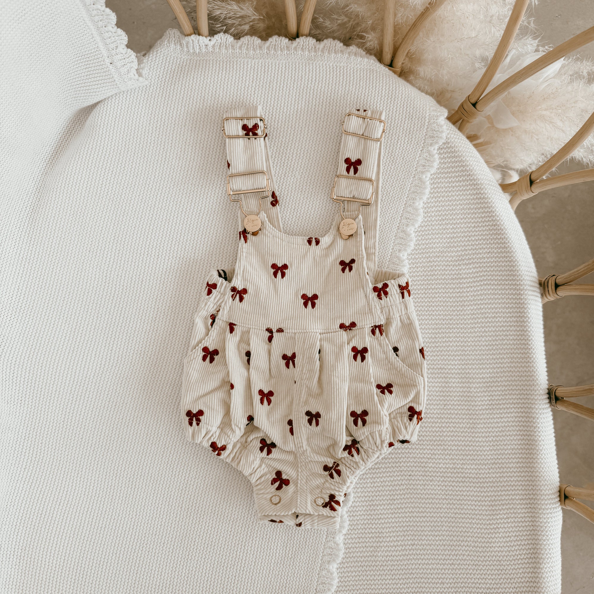 Corduroy Overall Romper - Red Bow