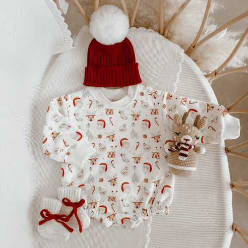 Jolly Long Sleeve Bubble Romper, Christmas Knit Beanie and Booties (Classic) Bundle - PRE ORDER - Est. Dispatch October