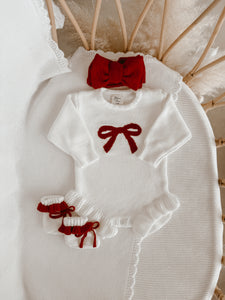 Red Bow Long Sleeve Frill Leg Romper