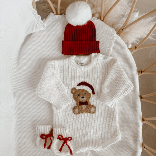 Teddy Bear Chunky Knit Romper, Beanie & Booties Bundle