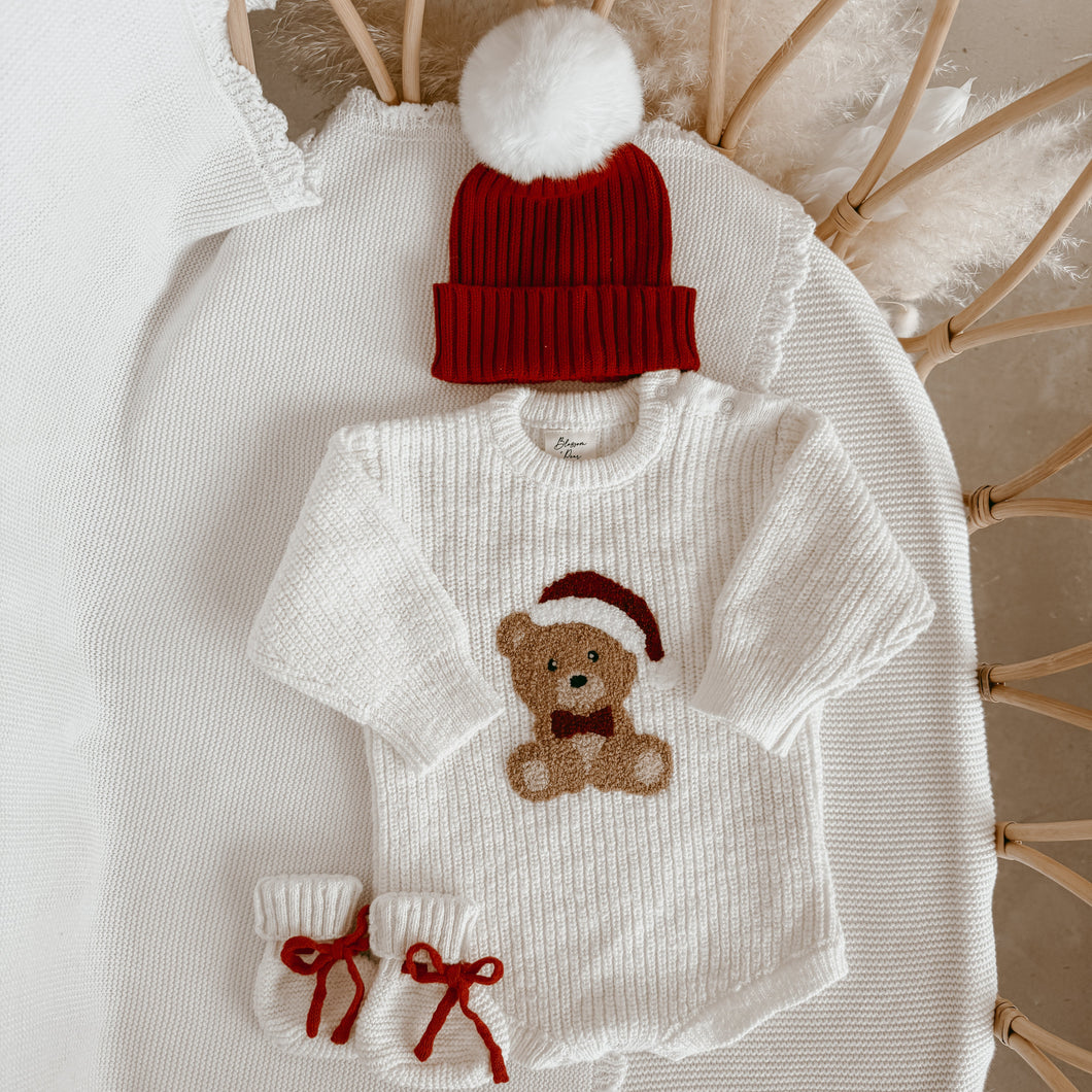 Teddy Bear Chunky Knit Romper, Beanie & Booties Bundle
