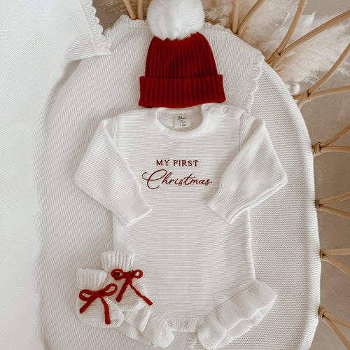 'My First Christmas' Long Sleeve Frill Leg Romper, Beanie & Booties (Classic) Bundle