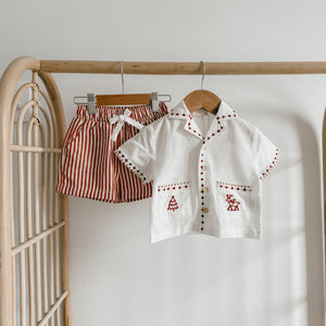 Kid's Embroidered Christmas Button Down - Red