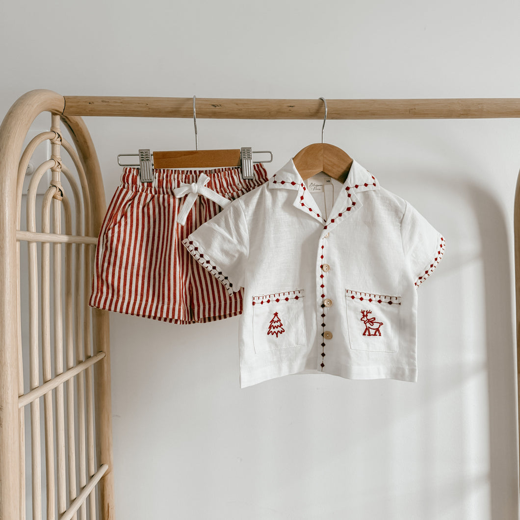 Kid's Embroidered Christmas Button Down & Candy Stripe Shorts Bundle - Red