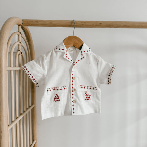 Kid's Embroidered Christmas Button Down - Red