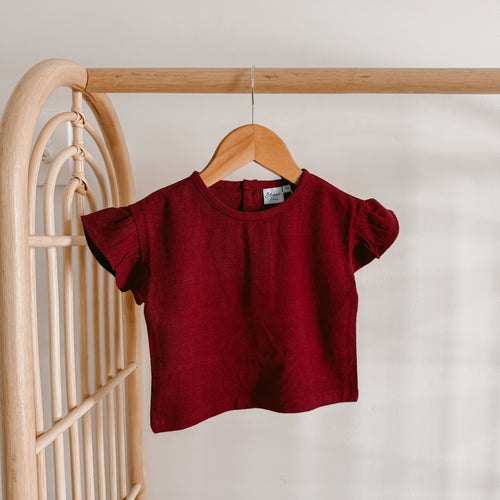 Burgundy Linen Tee - Flutter Sleeve