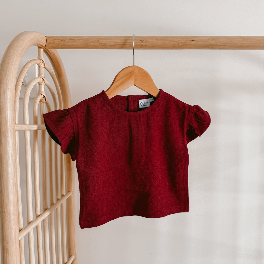 Burgundy Linen Tee - Flutter Sleeve