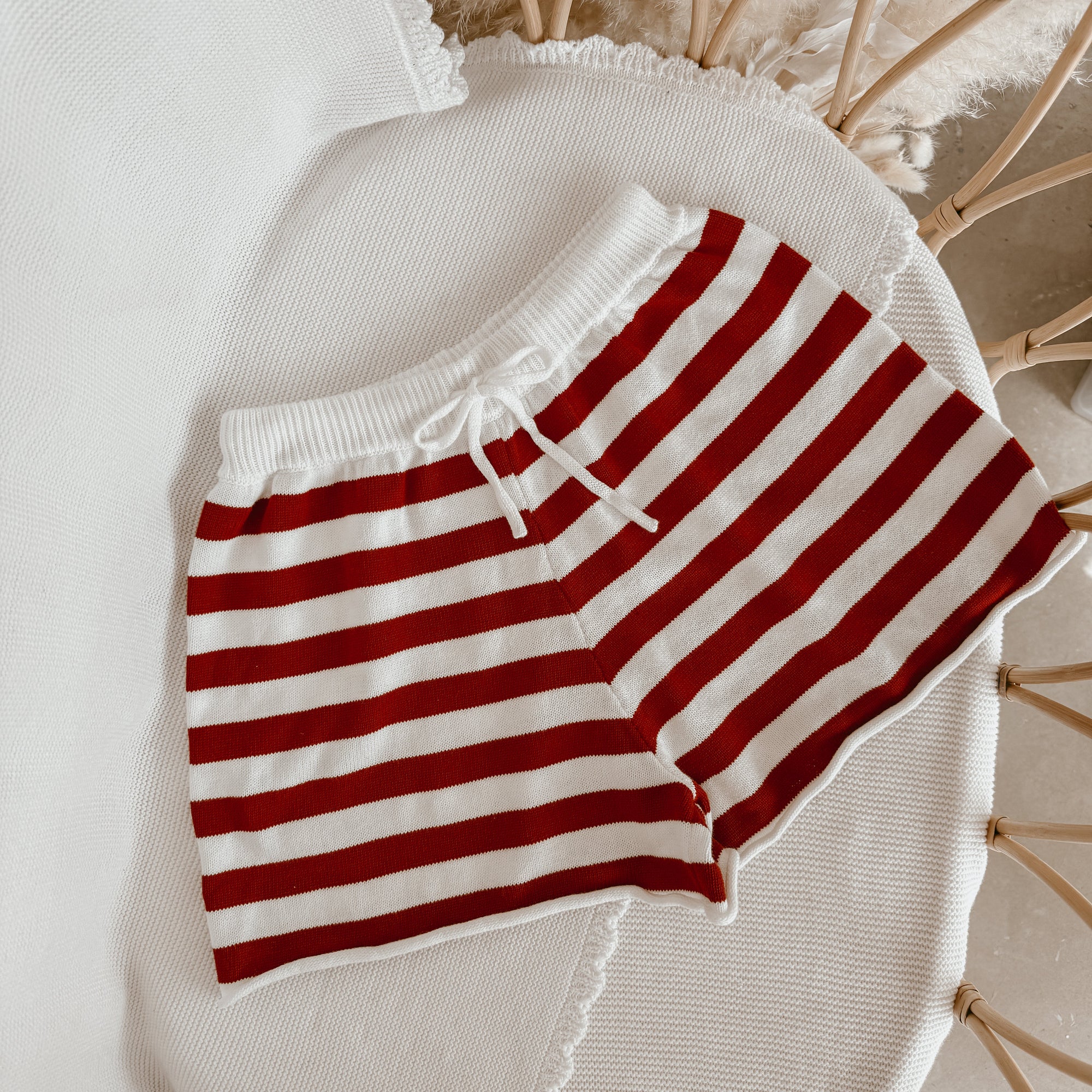 Ladies Knit Stripe Shorts - Red