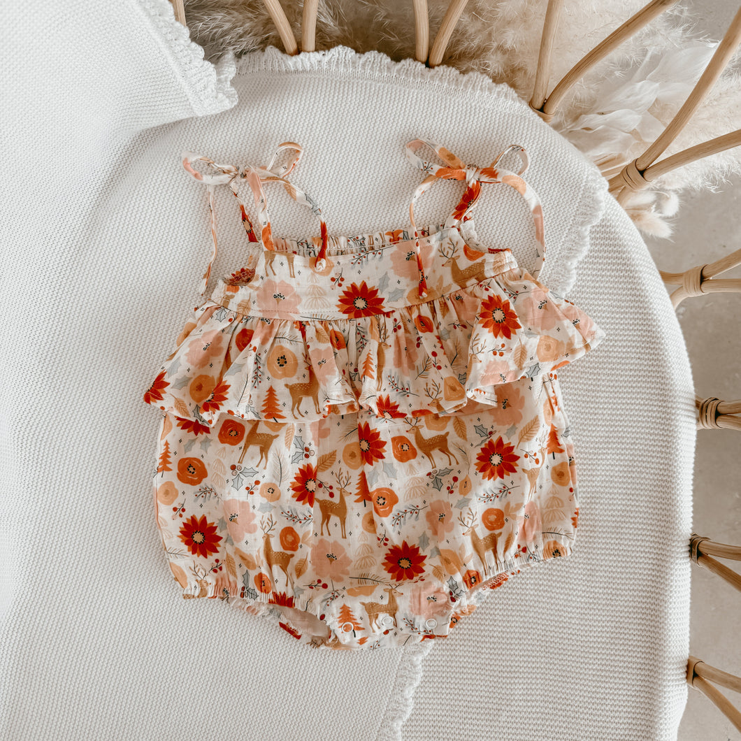 Festive Floral Tie Romper - PRE ORDER - Est. Dispatch October