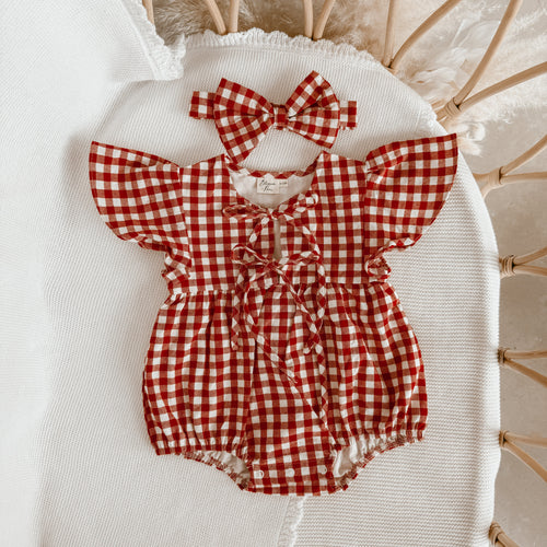 Red Gingham Flutter Sleeve Romper & Topknot Bundle