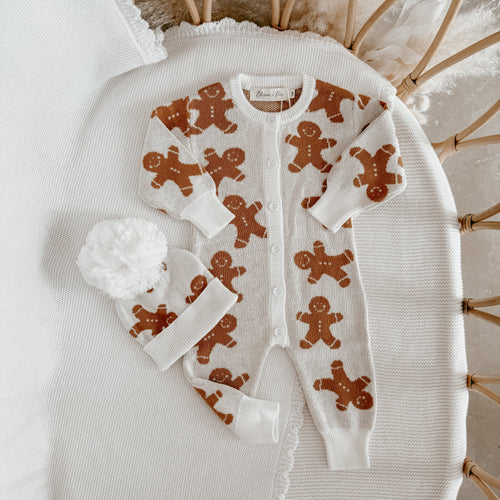 Gingerbread Long Sleeve Knit Romper, Beanie & Socks Bundle