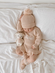Long Sleeve Frill Leg Knit Romper - Pink Lemonade